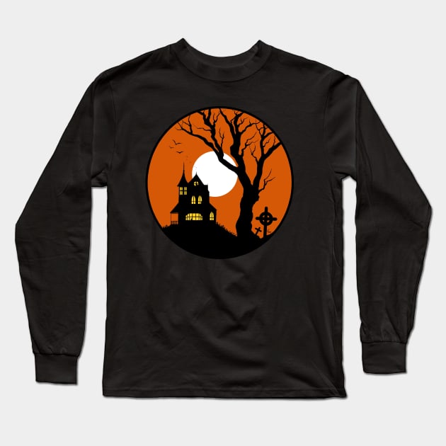 Haunted House Silhouette Long Sleeve T-Shirt by Cadva